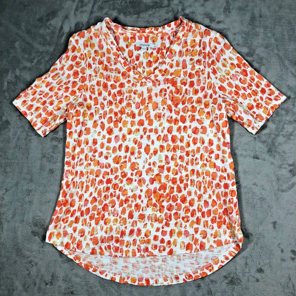 Chicos Dots Elbow Sleeve A-Line Tee Tshirt Womens Size 1 Medium 8 Orange